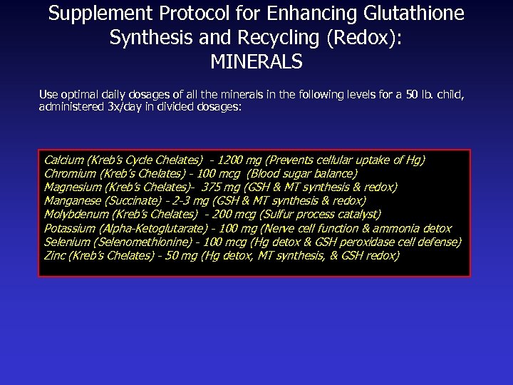 Supplement Protocol for Enhancing Glutathione Synthesis and Recycling (Redox): MINERALS Use optimal daily dosages