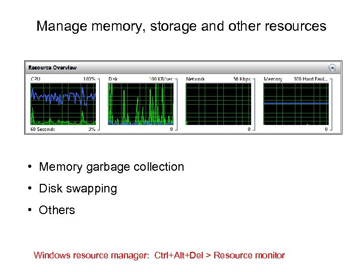 Manage memory, storage and other resources • Memory garbage collection • Disk swapping •
