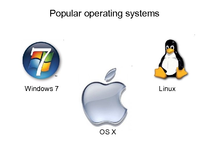 Popular operating systems Windows 7 Linux OS X 