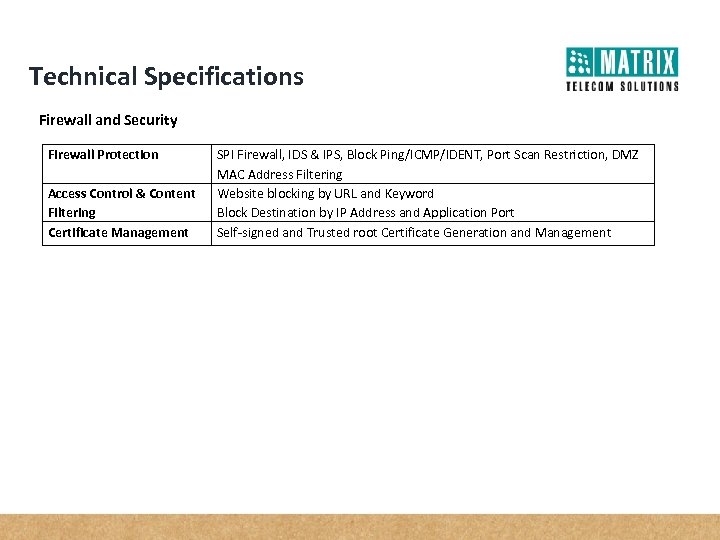 Technical Specifications Firewall and Security Firewall Protection Access Control & Content Filtering Certificate Management