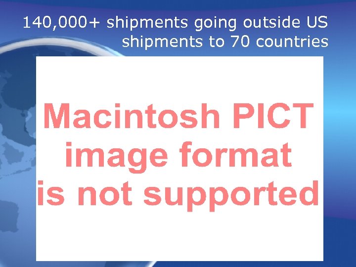 140, 000+ shipments going outside US shipments to 70 countries 