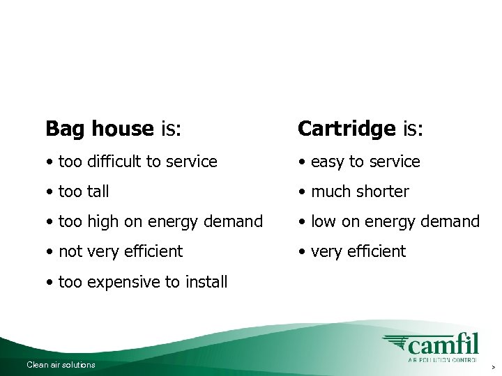 Dura-Pleat Because: Bag house is: Cartridge is: • too difficult to service • easy