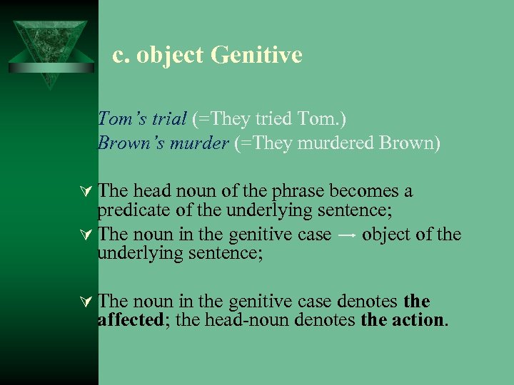 c. object Genitive Tom’s trial (=They tried Tom. ) Brown’s murder (=They murdered Brown)