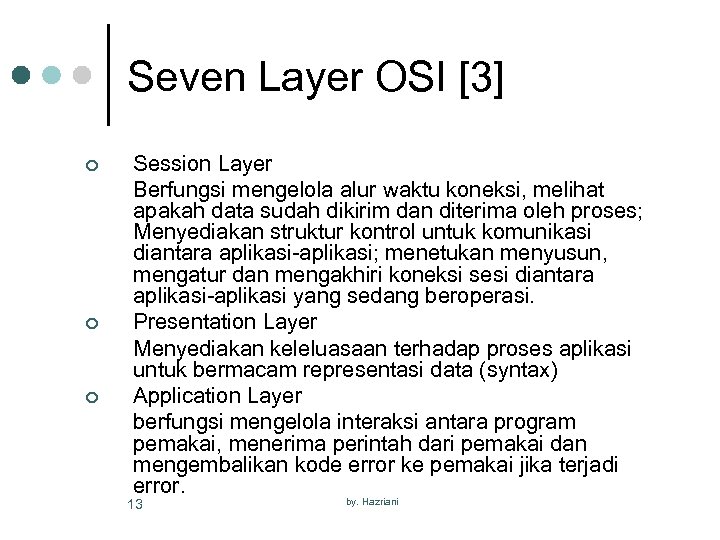 Seven Layer OSI [3] ¢ ¢ ¢ Session Layer Berfungsi mengelola alur waktu koneksi,