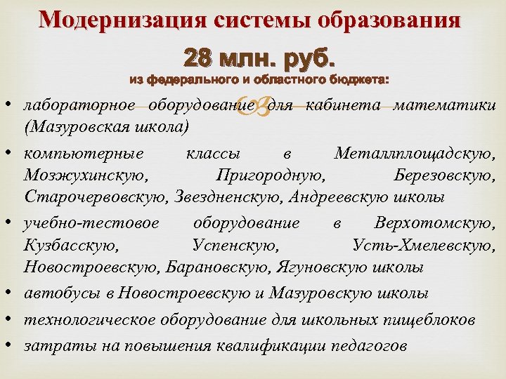 Модернизация системы образования 28 млн. руб. из федерального и областного бюджета: • лабораторное оборудование