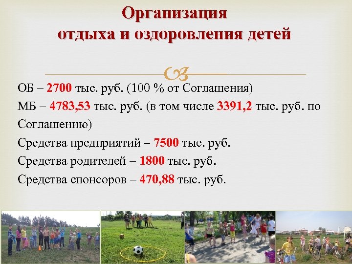 Организация отдыха и оздоровления детей ОБ – 2700 тыс. руб. (100 % от Соглашения)