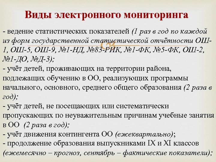 Виды электронного мониторинга - ведение статистических показателей (1 раз в год по каждой из