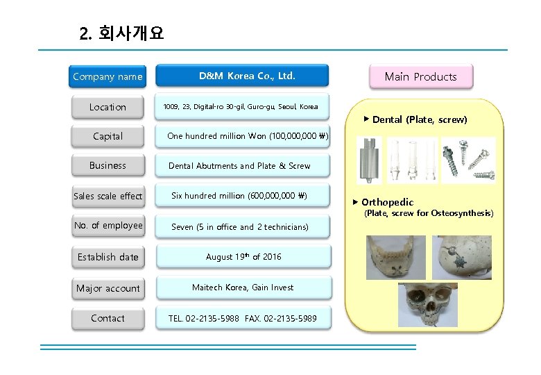 2. 회사개요 Company name Location Capital D&M Korea Co. , Ltd. Main Products 1009,
