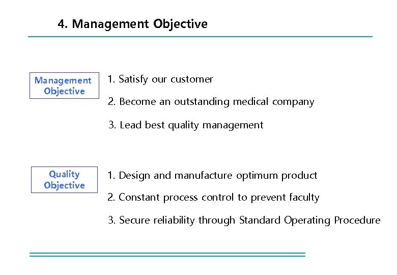 4. Management Objective 1. Satisfy our customer 2. Become an outstanding medical company 3.