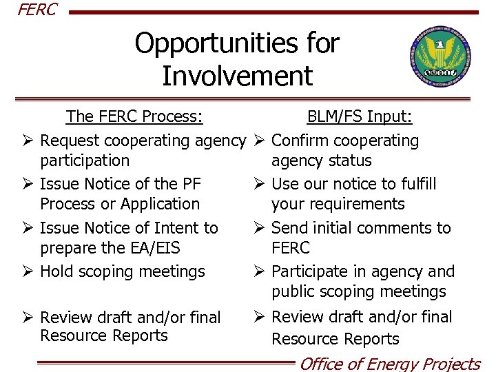 FERC Opportunities for Involvement Ø Ø The FERC Process: Request cooperating agency participation Issue