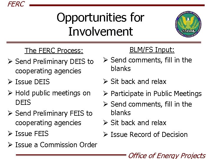 FERC Opportunities for Involvement Ø Send Preliminary DEIS to cooperating agencies BLM/FS Input: Ø