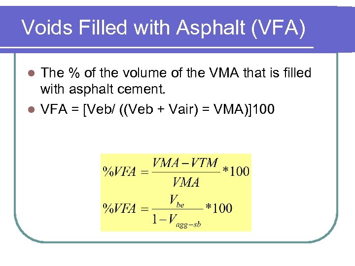 Voids Filled with Asphalt (VFA) The % of the volume of the VMA that