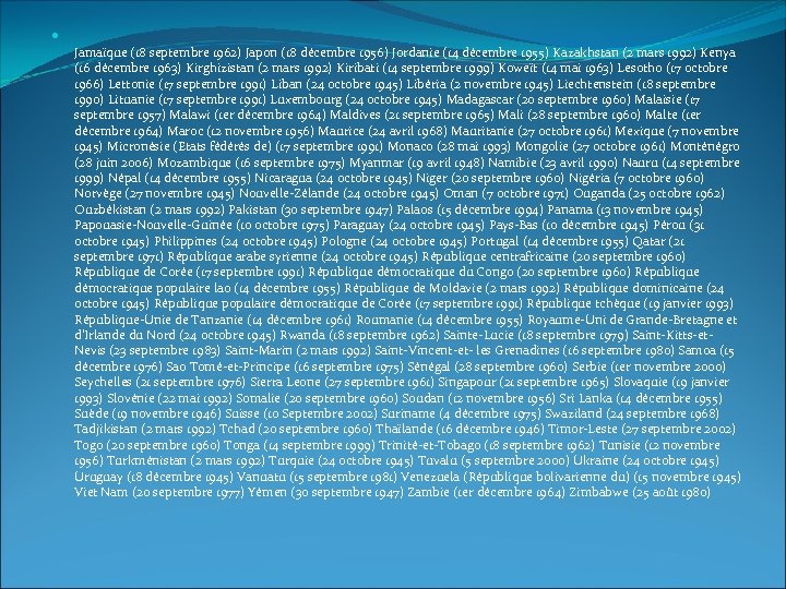  Jamaïque (18 septembre 1962) Japon (18 décembre 1956) Jordanie (14 décembre 1955) Kazakhstan