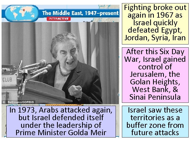 Fighting broke out again in 1967 as Israel quickly defeated Egypt, Jordan, Syria, Iran