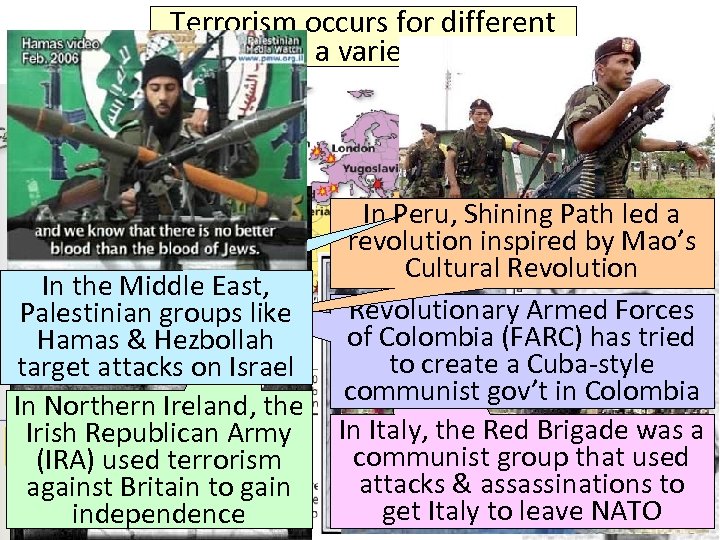 Terrorism occurs for different reasons by a variety of groups In the Middle East,