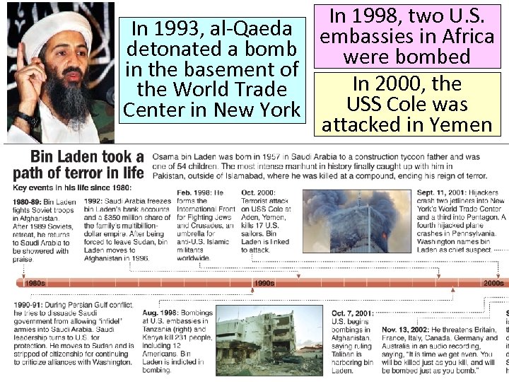 In 1998, two U. S. In 1993, al-Qaeda embassies in Africa detonated a bomb