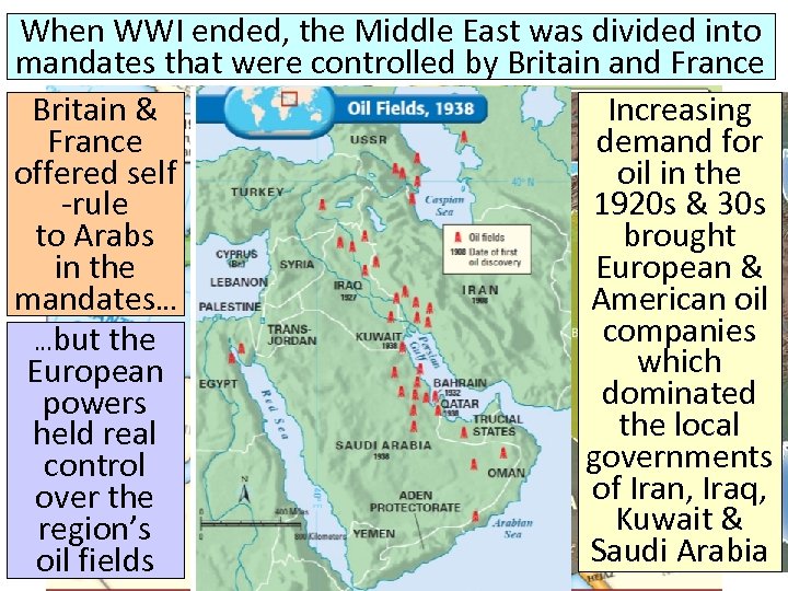 When WWI ended, the Middle East was divided into mandates that were controlled by