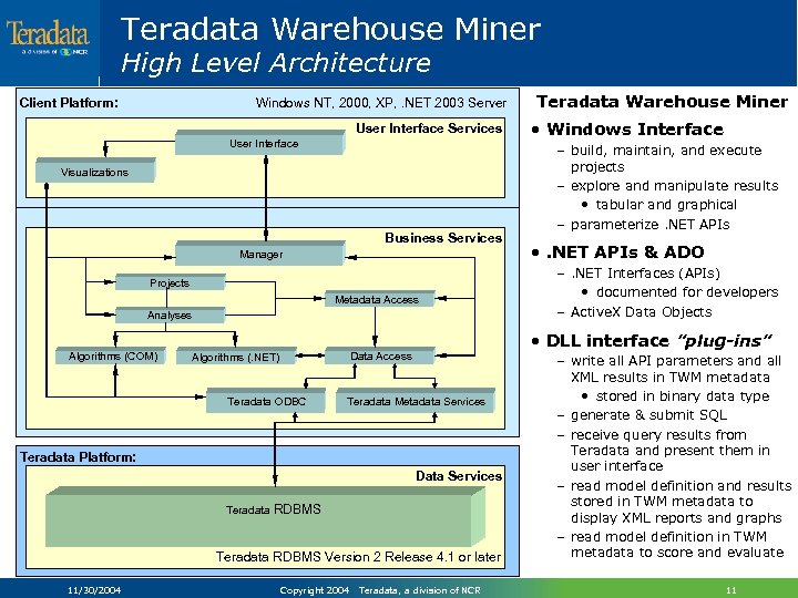 Teradata Warehouse Miner High Level Architecture Client Platform: Windows NT, 2000, XP, . NET