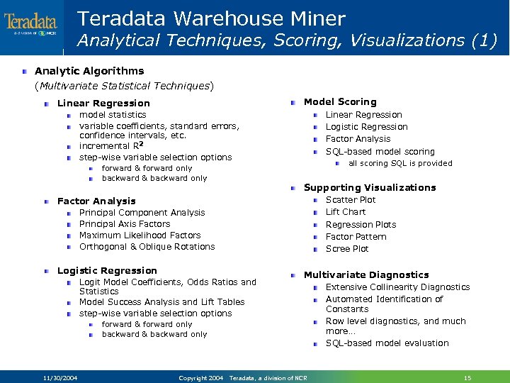 Teradata Warehouse Miner Analytical Techniques, Scoring, Visualizations (1) Analytic Algorithms (Multivariate Statistical Techniques) Model