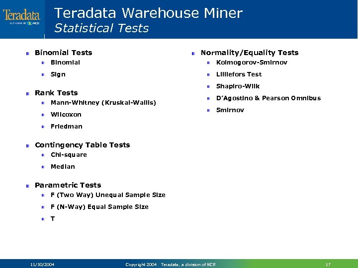 Teradata Warehouse Miner Statistical Tests Binomial Tests Normality/Equality Tests Binomial Kolmogorov-Smirnov Sign Lilliefors Test
