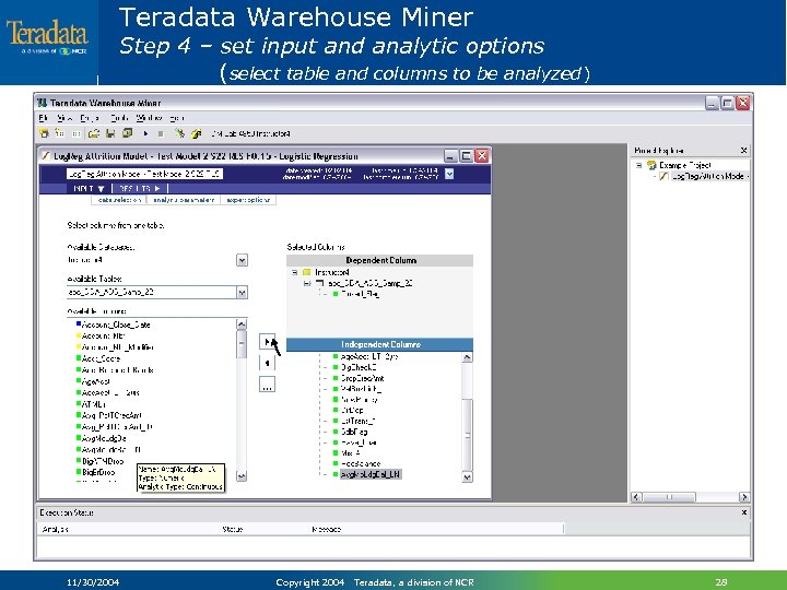 Teradata Warehouse Miner Step 4 – set input and analytic options (select table and