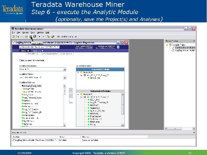 Teradata Warehouse Miner Step 6 - execute the Analytic Module (optionally, save the Project(s)