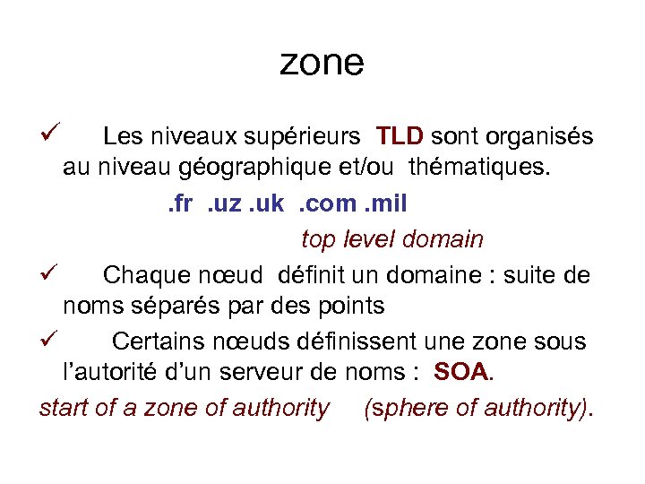 zone ü Les niveaux supérieurs TLD sont organisés au niveau géographique et/ou thématiques. .