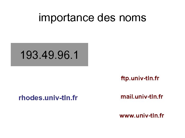 importance des noms 193. 49. 96. 1 ftp. univ-tln. fr rhodes. univ-tln. fr mail.