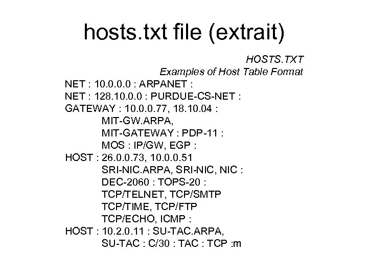 hosts. txt file (extrait) HOSTS. TXT Examples of Host Table Format NET : 10.