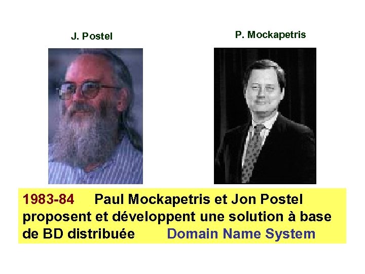 J. Postel P. Mockapetris 1983 -84 Paul Mockapetris et Jon Postel proposent et développent