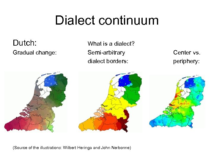 Dialect continuum Dutch: What is a dialect? Gradual change: Semi-arbitrary dialect borders: (Source of