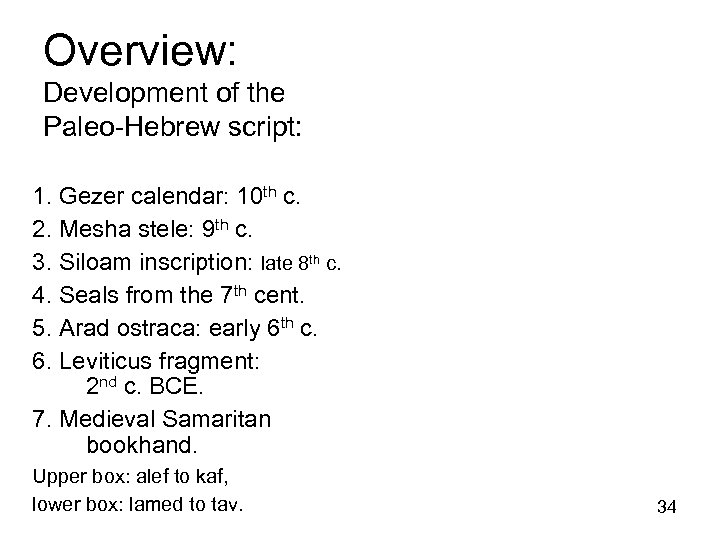 Overview: Development of the Paleo-Hebrew script: 1. Gezer calendar: 10 th c. 2. Mesha