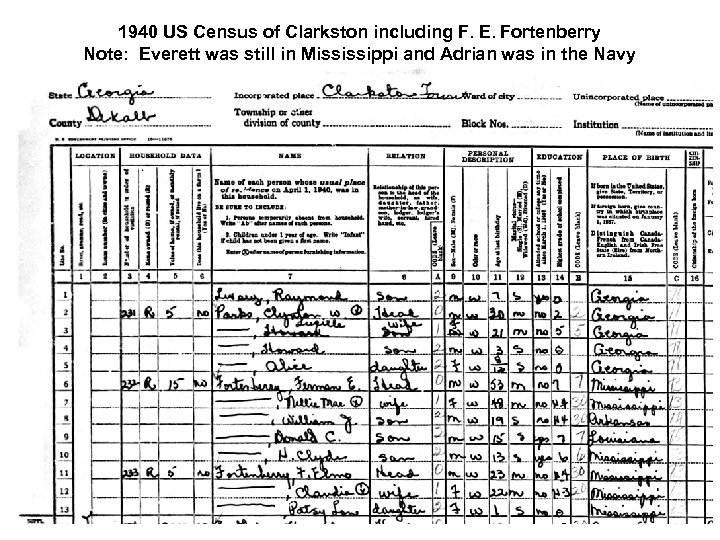 1940 US Census of Clarkston including F. E. Fortenberry Note: Everett was still in