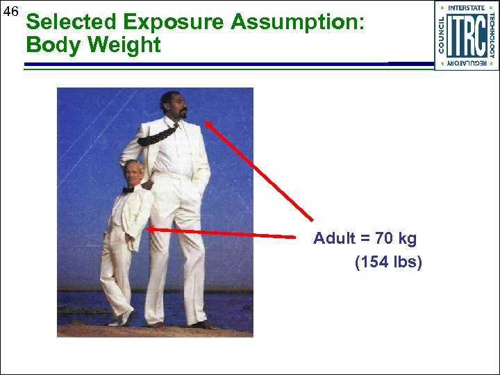 46 Selected Exposure Assumption: Body Weight Adult = 70 kg (154 lbs) 