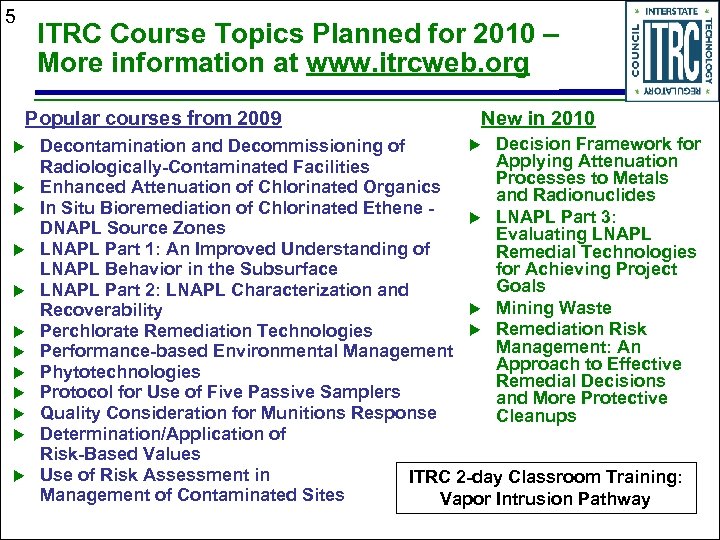 5 ITRC Course Topics Planned for 2010 – More information at www. itrcweb. org