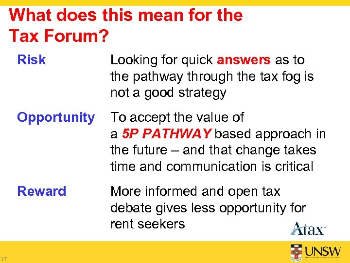 What does this mean for the Tax Forum? Risk Opportunity To accept the value