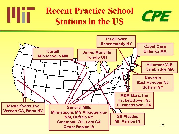 Recent Practice School Stations in the US CPE Plug. Power Schenectady NY Cargill Minneapolis