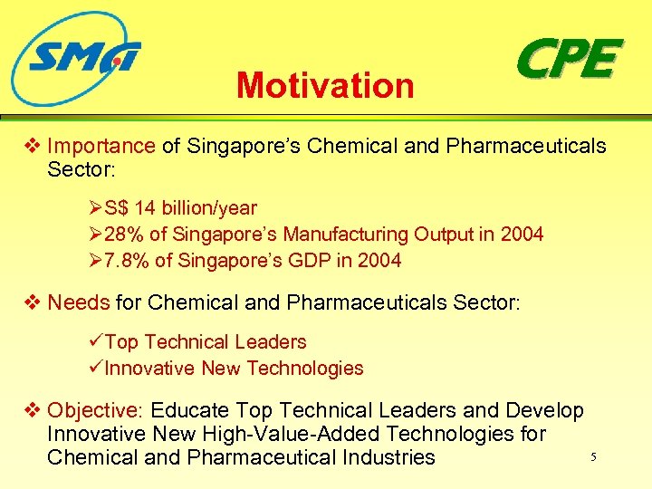 Motivation CPE v Importance of Singapore’s Chemical and Pharmaceuticals Sector: ØS$ 14 billion/year Ø