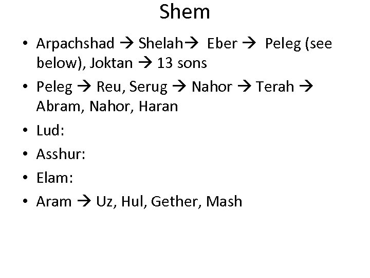 Shem • Arpachshad Shelah Eber Peleg (see below), Joktan 13 sons • Peleg Reu,