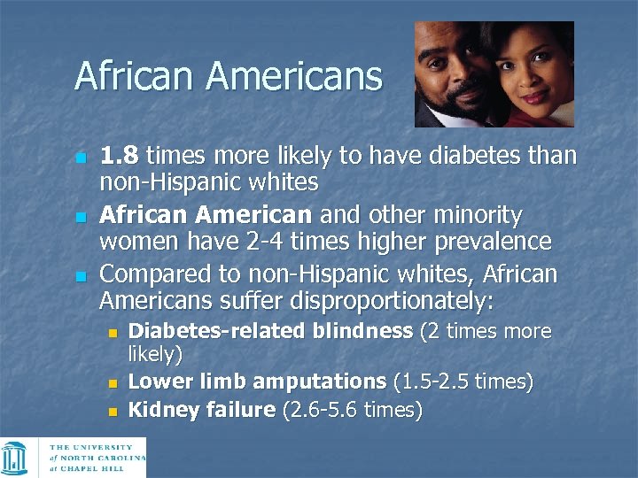 African Americans n n n 1. 8 times more likely to have diabetes than
