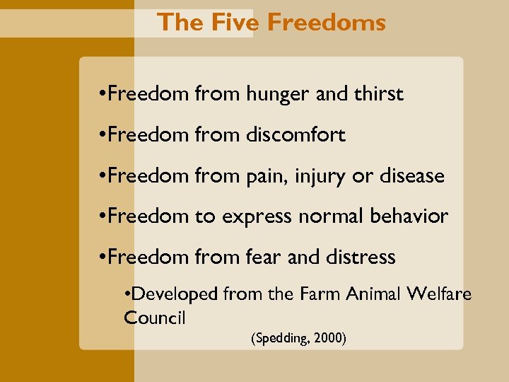 The Five Freedoms • Freedom from hunger and thirst • Freedom from discomfort •