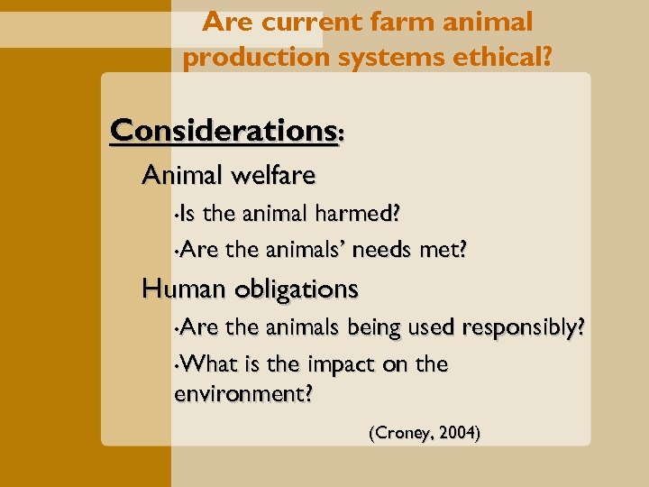 Are current farm animal production systems ethical? Considerations: Animal welfare Is the animal harmed?