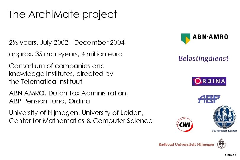 The Archi. Mate project 2½ years, July 2002 - December 2004 approx. 35 man-years,