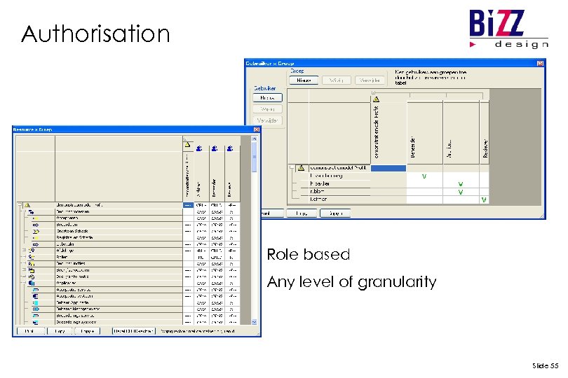 Authorisation Role based Any level of granularity Slide 55 