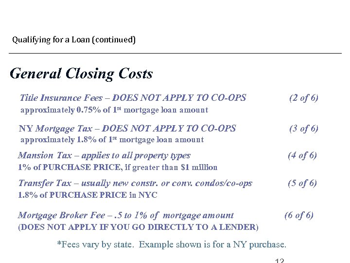 Qualifying for a Loan (continued) General Closing Costs Title Insurance Fees – DOES NOT