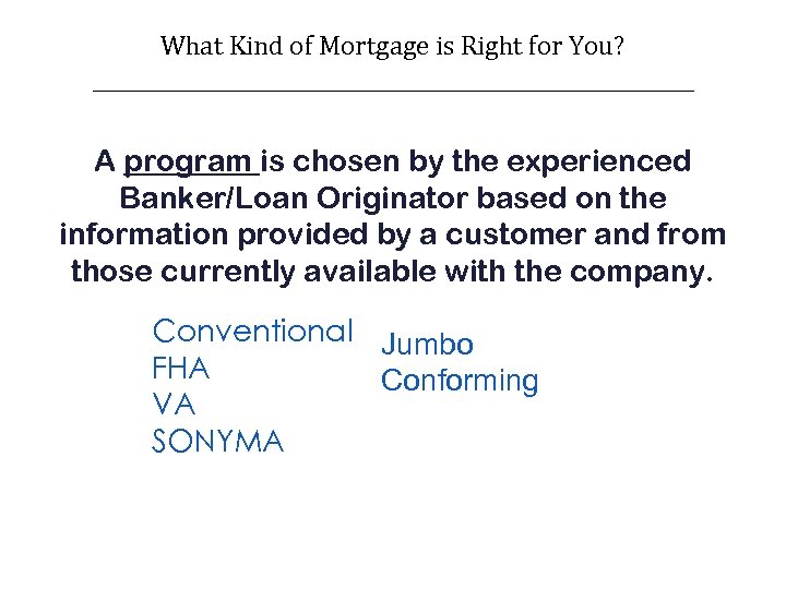 What Kind of Mortgage is Right for You? ______________________ A program is chosen by