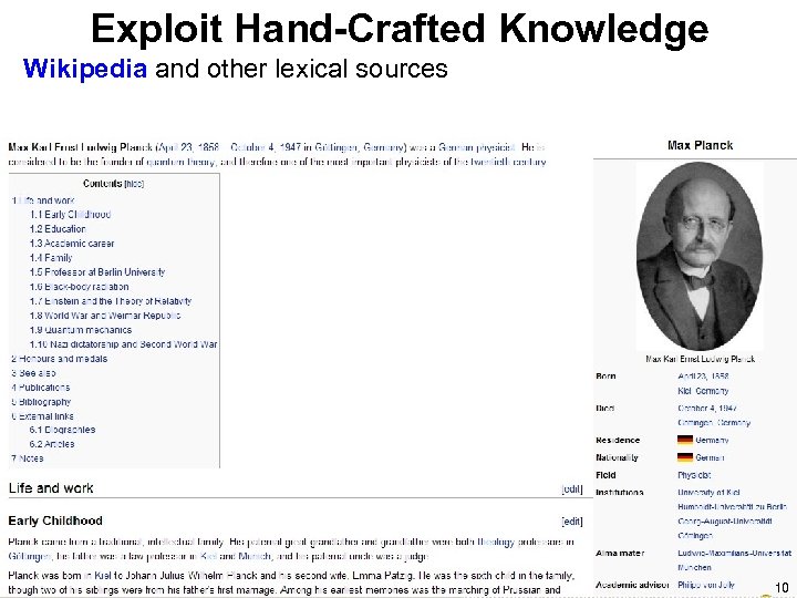 Exploit Hand-Crafted Knowledge Wikipedia and other lexical sources 10 