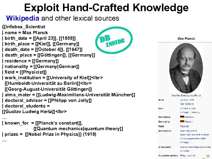 Exploit Hand-Crafted Knowledge Wikipedia and other lexical sources {{Infobox_Scientist | name = Max Planck