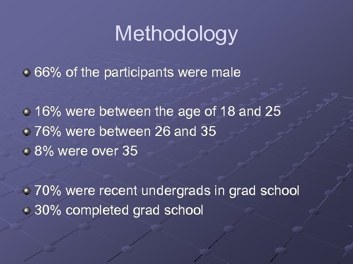 Methodology 66% of the participants were male 16% were between the age of 18