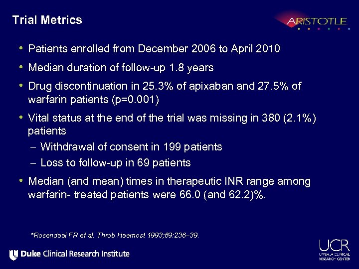 Trial Metrics • Patients enrolled from December 2006 to April 2010 • Median duration